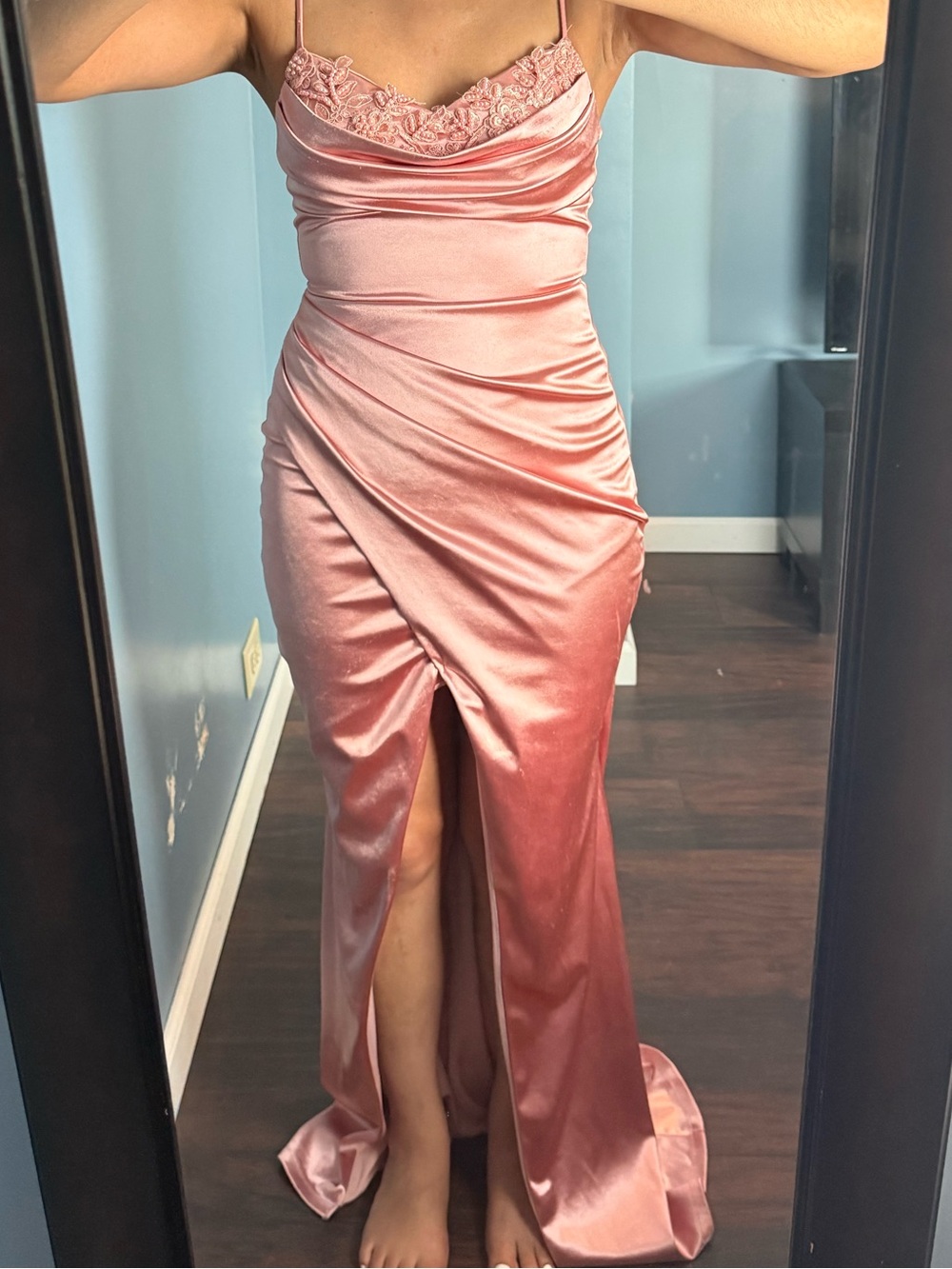Windsor Dusty Rose Satin Lace-Trim Prom Gown